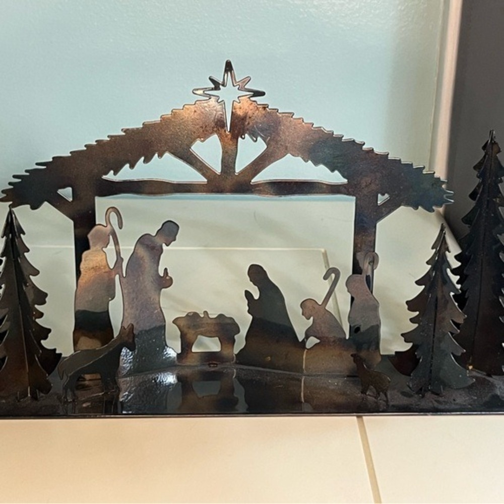 Metal Handcrafted Nativity Silhouette Christmas Decor Iridescent Mantle Holiday - Picture 2 of 7